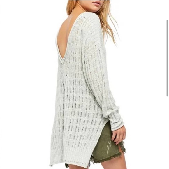 FREE PEOPLE Sweater Womens Mint Green Pretty In Pointelle Pullover Mineral - Picture 3 of 7